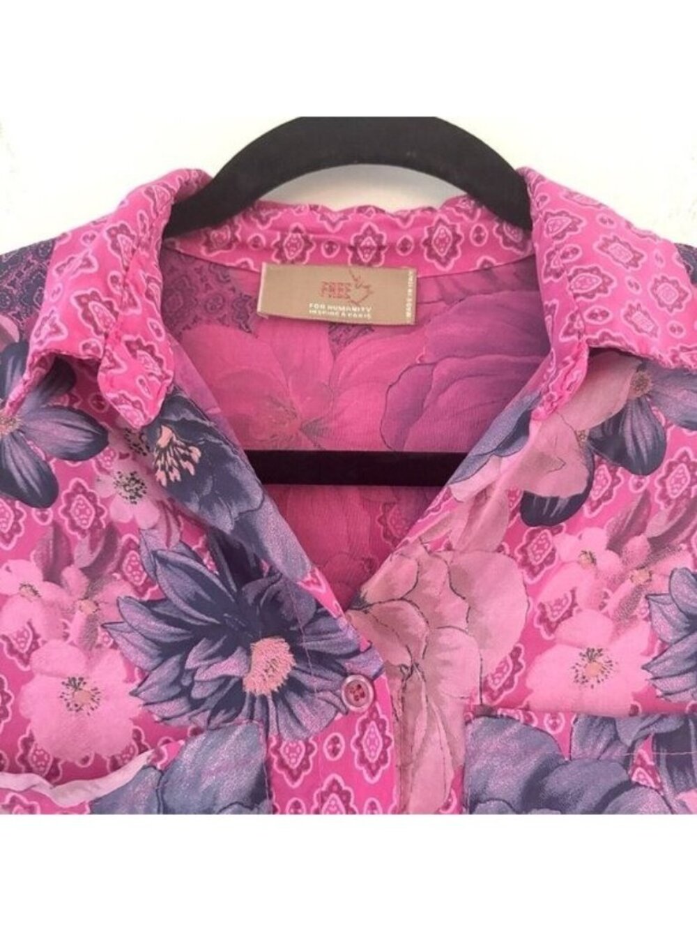 Free For Humanity Small Blouse Button Down Mixed Floral Twee Roll Tab Barbie Fun - Picture 7 of 16